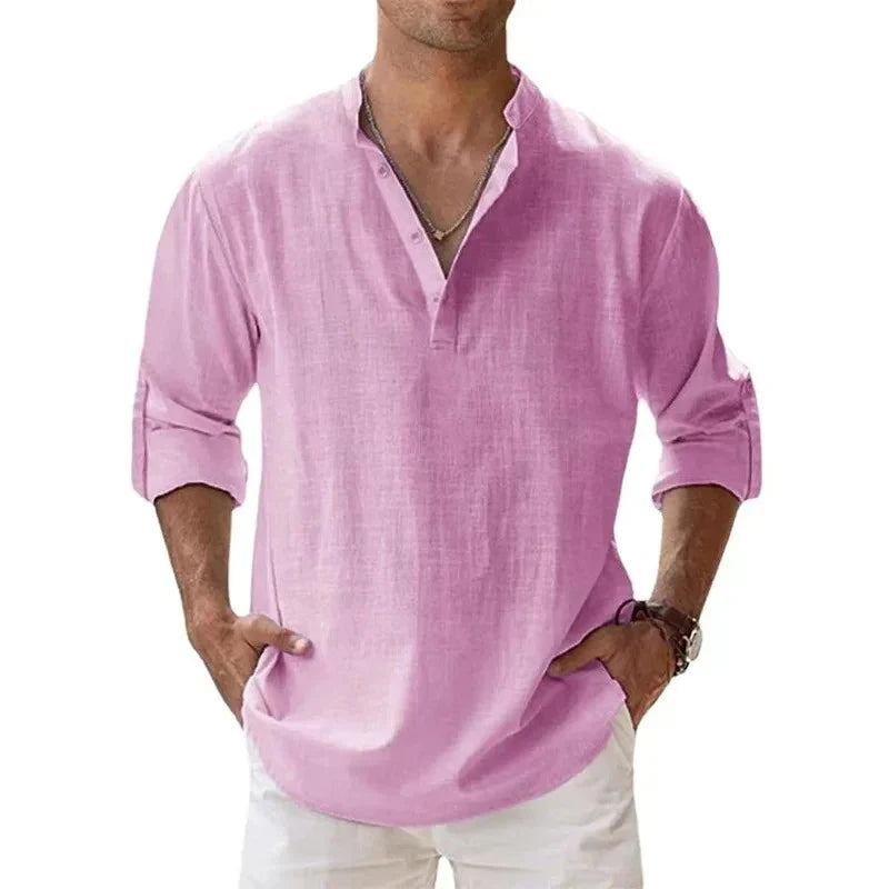 Men Lightweight Shirts Long Sleeve Henley Cotton Linen Shirts for Beach Breathable Collar