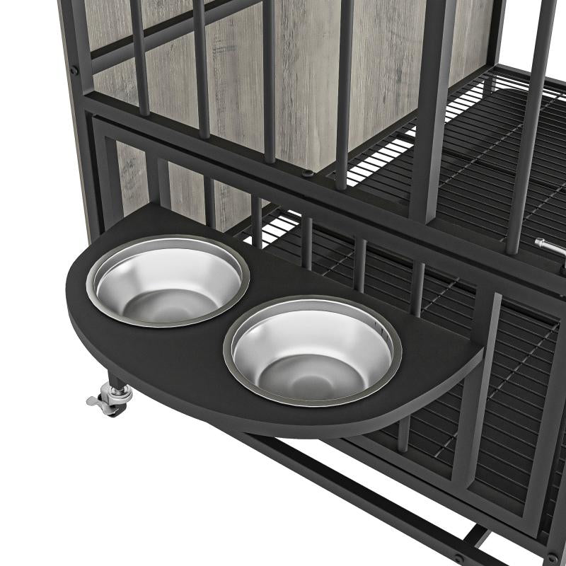 [Bellemave] Modern Kennel Dogs Room up to 60 LB, Dog Crate Furniture with Multi-Purpose Rremovable Ttray, Double-Door Dog House, Lift Panel, 360 Degree Rotation -3 Height Adjustable Feeding Bowls