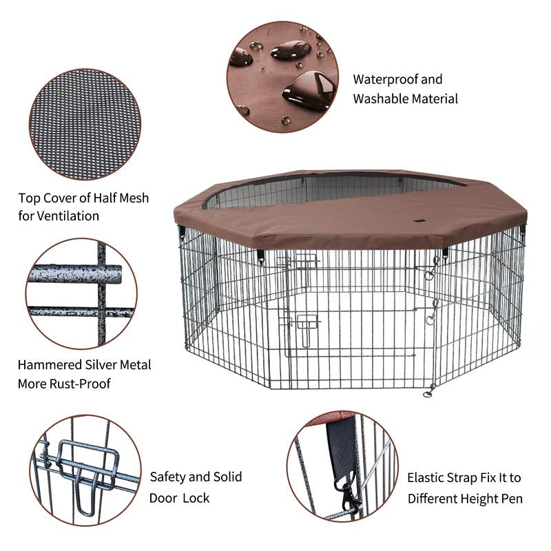 Foldable Metal Dog Exercise Playpen Gate Pet Fence Dog Crate 8 Panels 30 / 36 Inch Height Puppy Kennels with Top Cover / Bottom Pad for Animals Outdoor Indoor