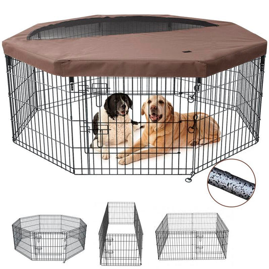Foldable Metal Dog Exercise Playpen Gate Pet Fence Dog Crate 8 Panels 30 / 36 Inch Height Puppy Kennels with Top Cover / Bottom Pad for Animals Outdoor Indoor