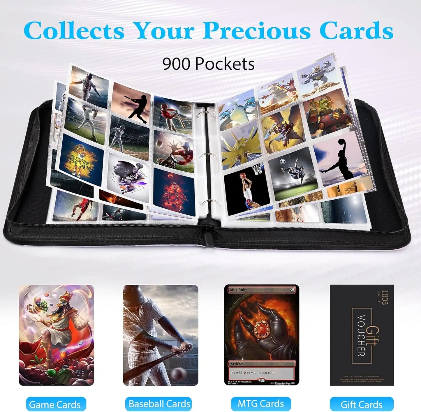 900 Pockets Card Binder Sleeves with Zipper, Double Sided Pockets Card Holder