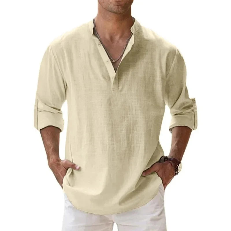 Men Lightweight Shirts Long Sleeve Henley Cotton Linen Shirts for Beach Breathable Collar