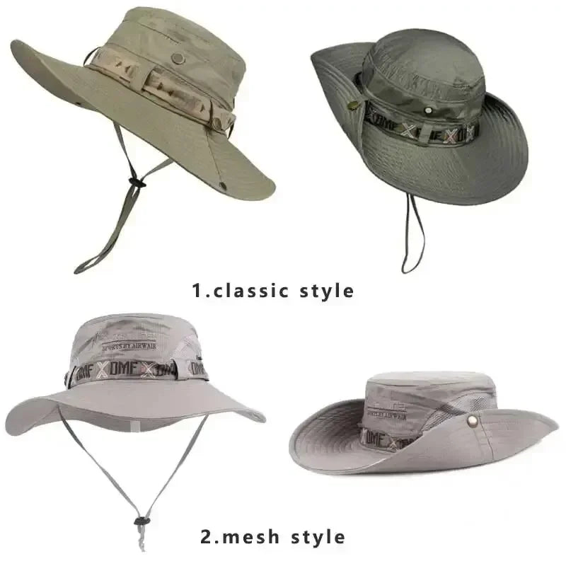 Summer Men Bucket Hat Outdoor UV Protection Wide Brim Panama Safari Hunting Hiking Hat Mesh