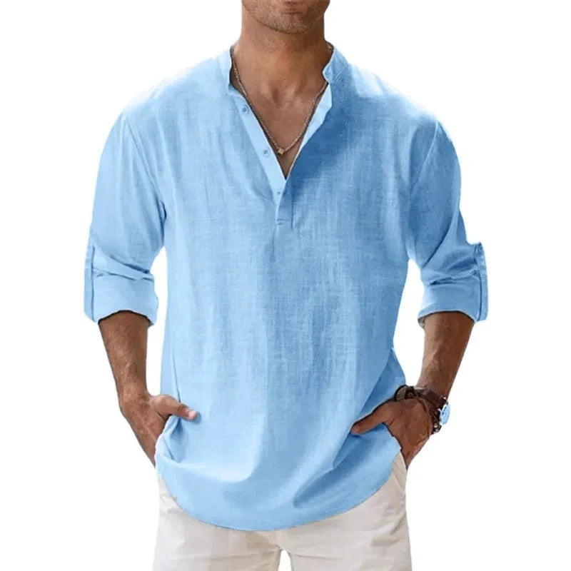 Men Lightweight Shirts Long Sleeve Henley Cotton Linen Shirts for Beach Breathable Collar