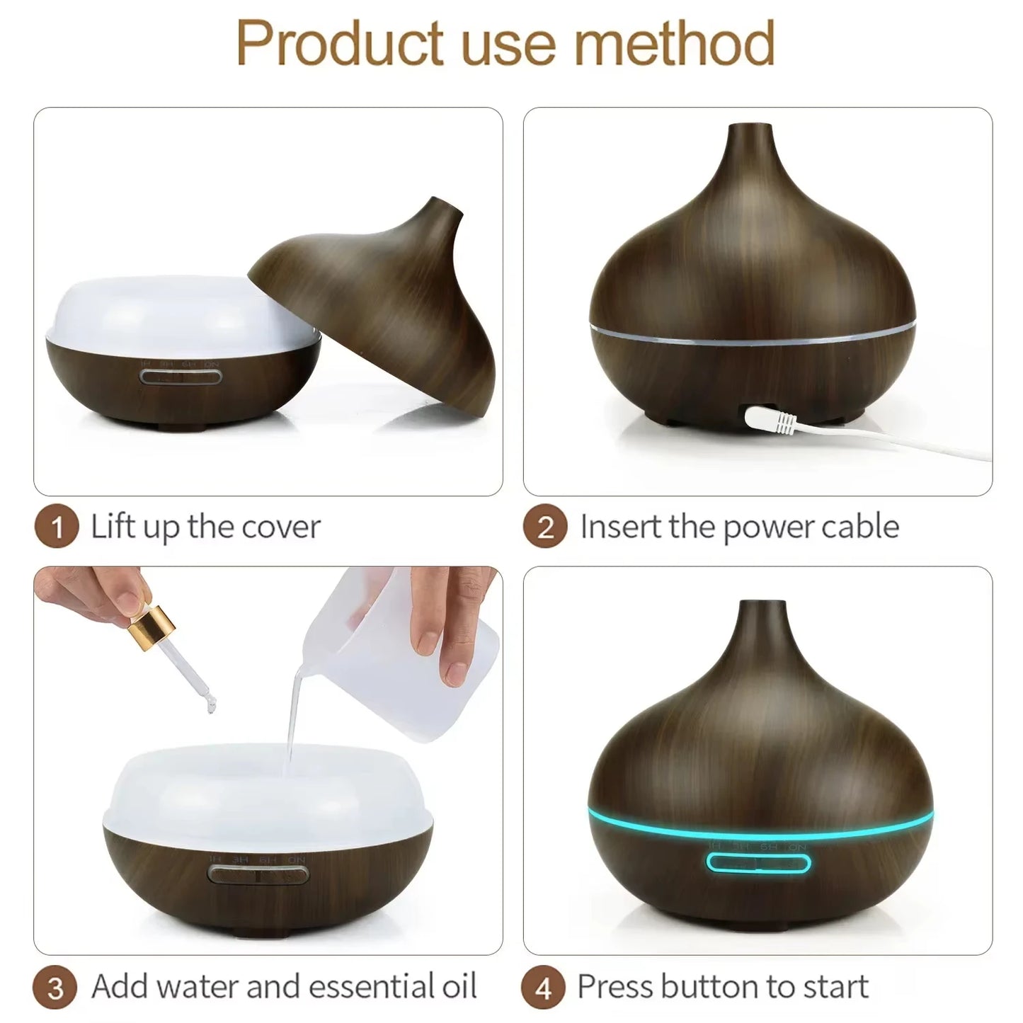 Air Humidifier Aromatherapy Essential Oil Diffuser Wood Grain 500ml Remote Control 7 Color Lights