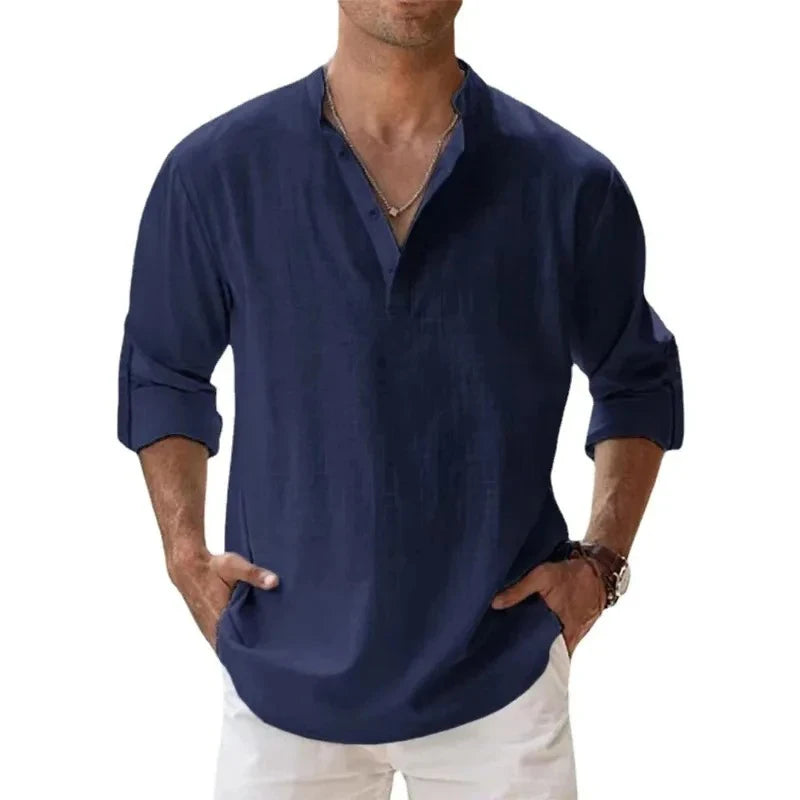 Men Lightweight Shirts Long Sleeve Henley Cotton Linen Shirts for Beach Breathable Collar