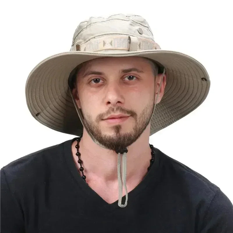 Summer Men Bucket Hat Outdoor UV Protection Wide Brim Panama Safari Hunting Hiking Hat Mesh
