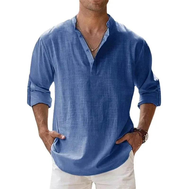Men Lightweight Shirts Long Sleeve Henley Cotton Linen Shirts for Beach Breathable Collar