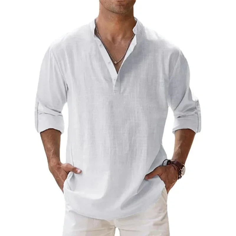 Men Lightweight Shirts Long Sleeve Henley Cotton Linen Shirts for Beach Breathable Collar