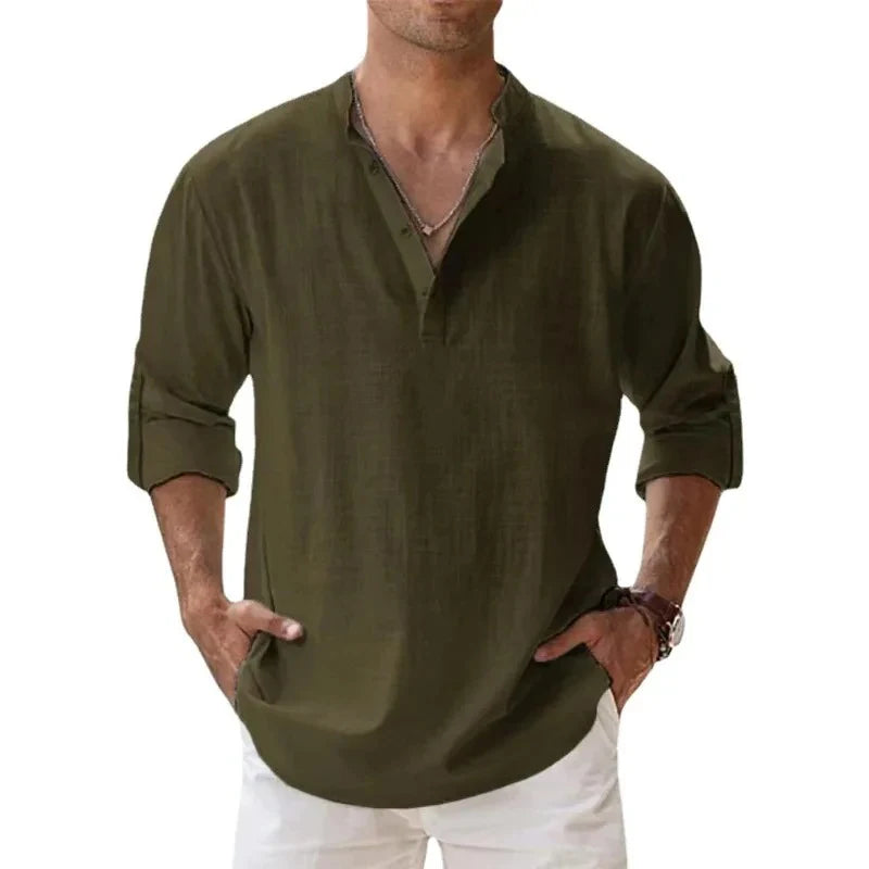 Men Lightweight Shirts Long Sleeve Henley Cotton Linen Shirts for Beach Breathable Collar
