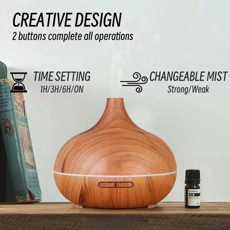 Air Humidifier Aromatherapy Essential Oil Diffuser Wood Grain 500ml Remote Control 7 Color Lights