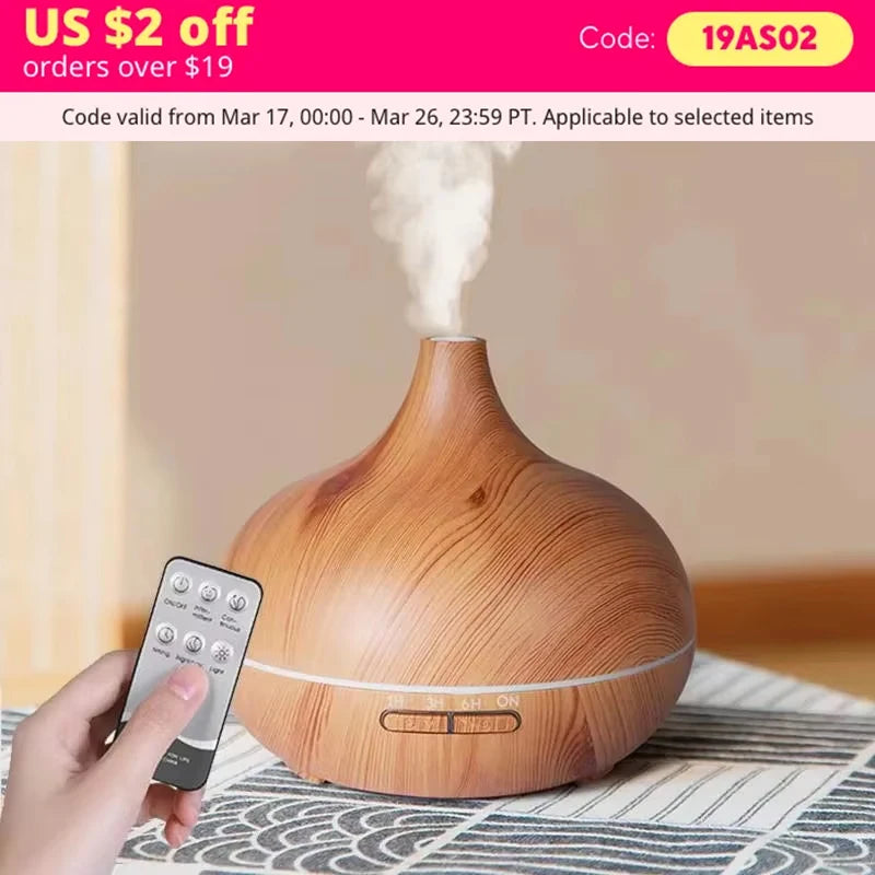 Air Humidifier Aromatherapy Essential Oil Diffuser Wood Grain 500ml Remote Control 7 Color Lights