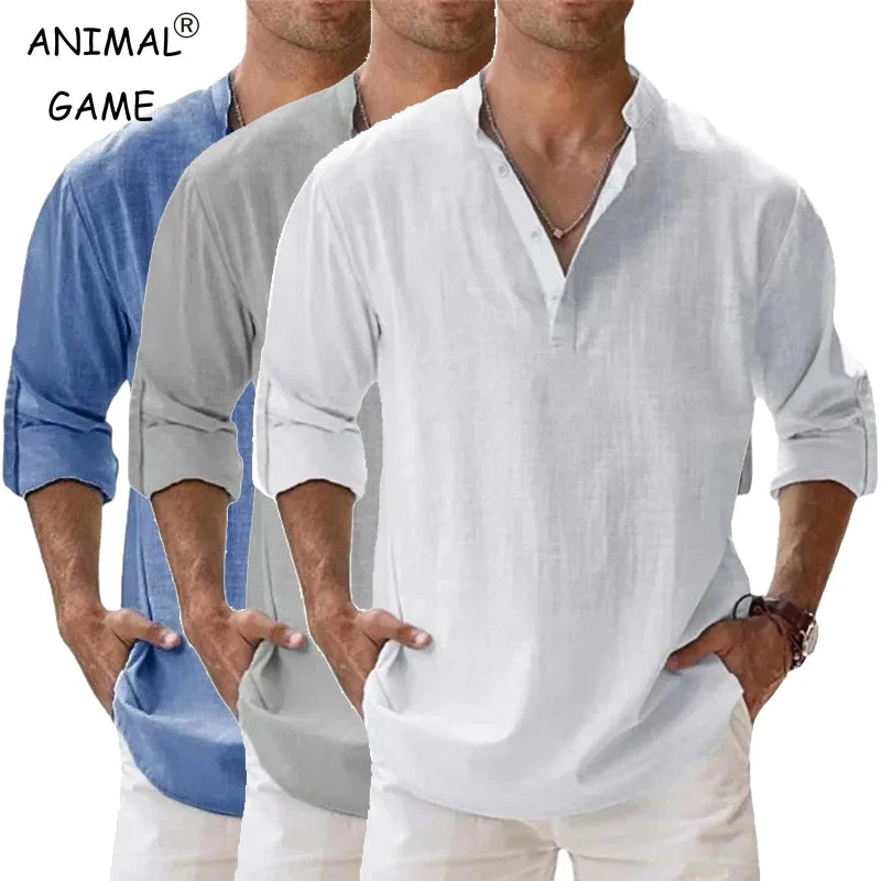 Men Lightweight Shirts Long Sleeve Henley Cotton Linen Shirts for Beach Breathable Collar