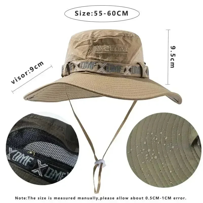 Summer Men Bucket Hat Outdoor UV Protection Wide Brim Panama Safari Hunting Hiking Hat Mesh