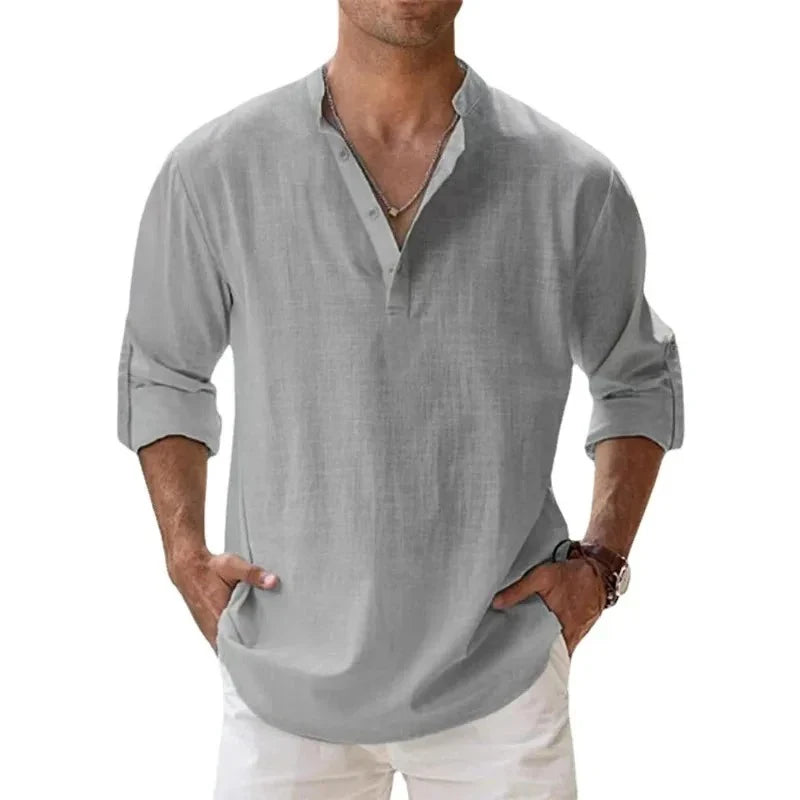 Men Lightweight Shirts Long Sleeve Henley Cotton Linen Shirts for Beach Breathable Collar