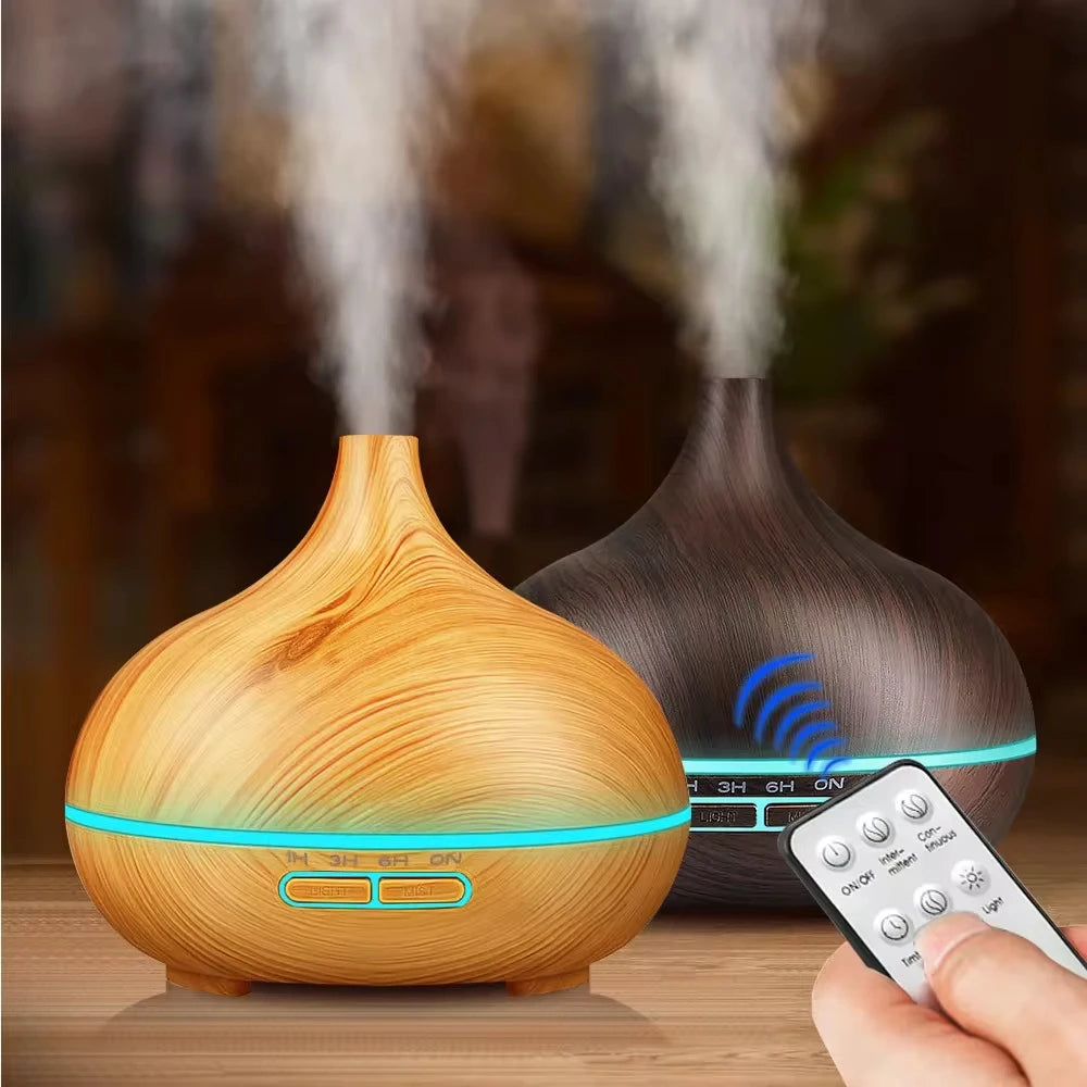 Air Humidifier Aromatherapy Essential Oil Diffuser Wood Grain 500ml Remote Control 7 Color Lights