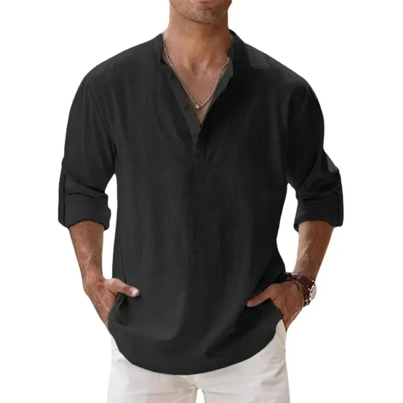 Men Lightweight Shirts Long Sleeve Henley Cotton Linen Shirts for Beach Breathable Collar