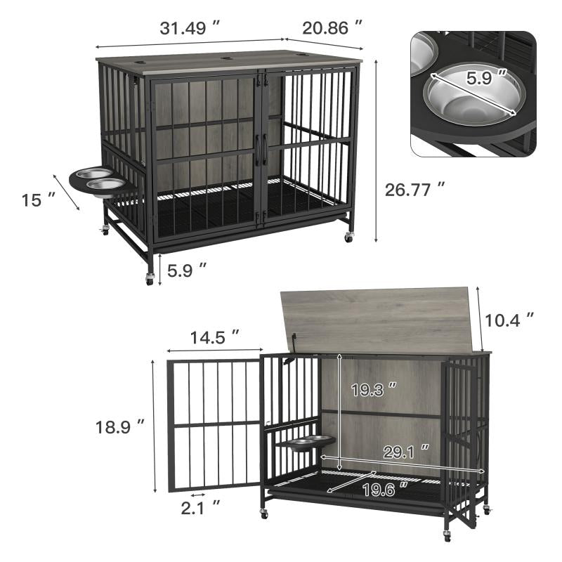 [Bellemave] Modern Kennel Dogs Room up to 60 LB, Dog Crate Furniture with Multi-Purpose Rremovable Ttray, Double-Door Dog House, Lift Panel, 360 Degree Rotation -3 Height Adjustable Feeding Bowls
