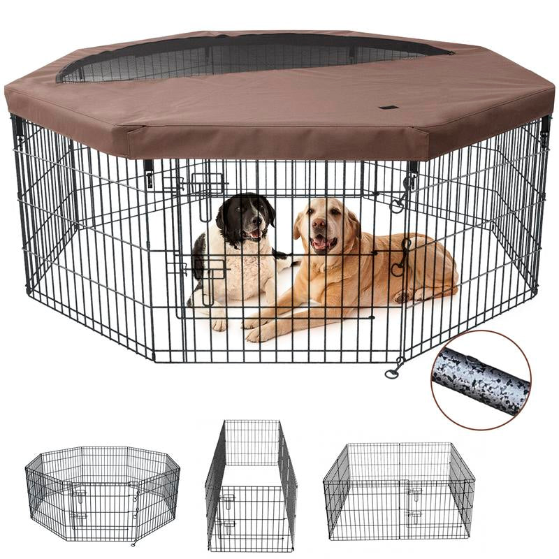Foldable Metal Dog Exercise Playpen Gate Pet Fence Dog Crate 8 Panels 30 / 36 Inch Height Puppy Kennels with Top Cover / Bottom Pad for Animals Outdoor Indoor